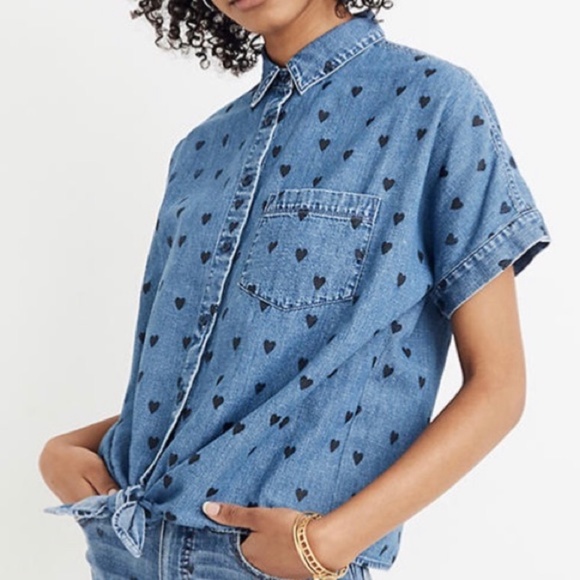 NWT Madewell Short-Sleeve Tie-Front in Heart Print - Picture 1 of 4